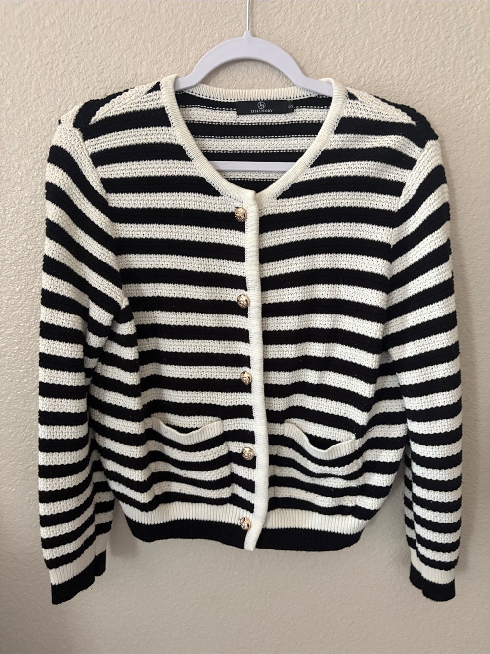 Classic Black & White Striped Knit Cardigan